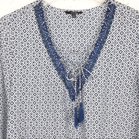 NYDJ Womens Beaded V-Neck Tassel Blouse 3/4 Sleeve Geometric Pattern Blue Small - Picture 5 of 13